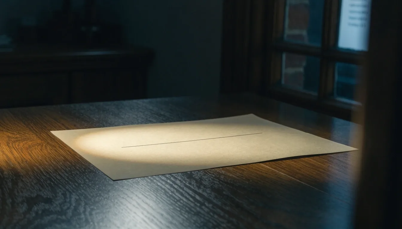Hoja de papel en blanco sobre un escritorio oscuro con un sobre sin marcar y un frasco sin etiqueta junto a la línea de tinta