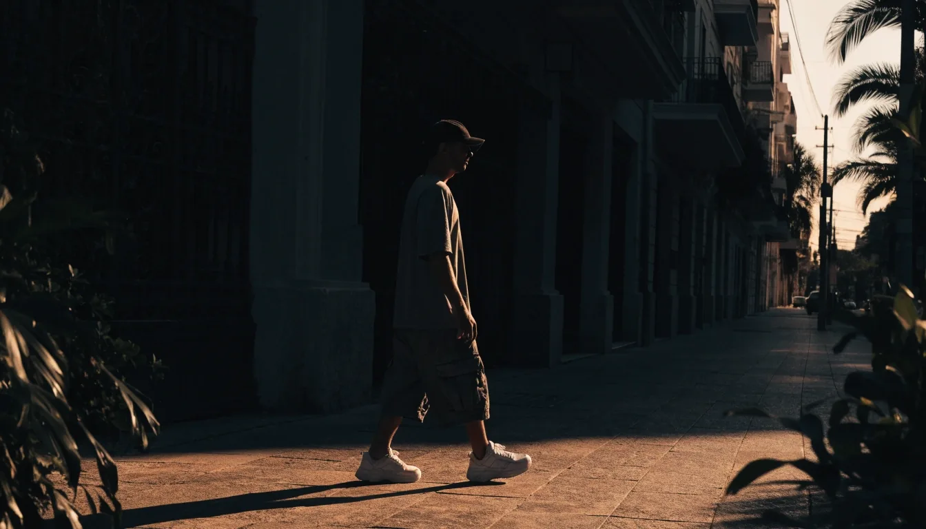 Hombre caminando solo por una acera de Mérida al atardecer, con sombras largas sobre la piedra