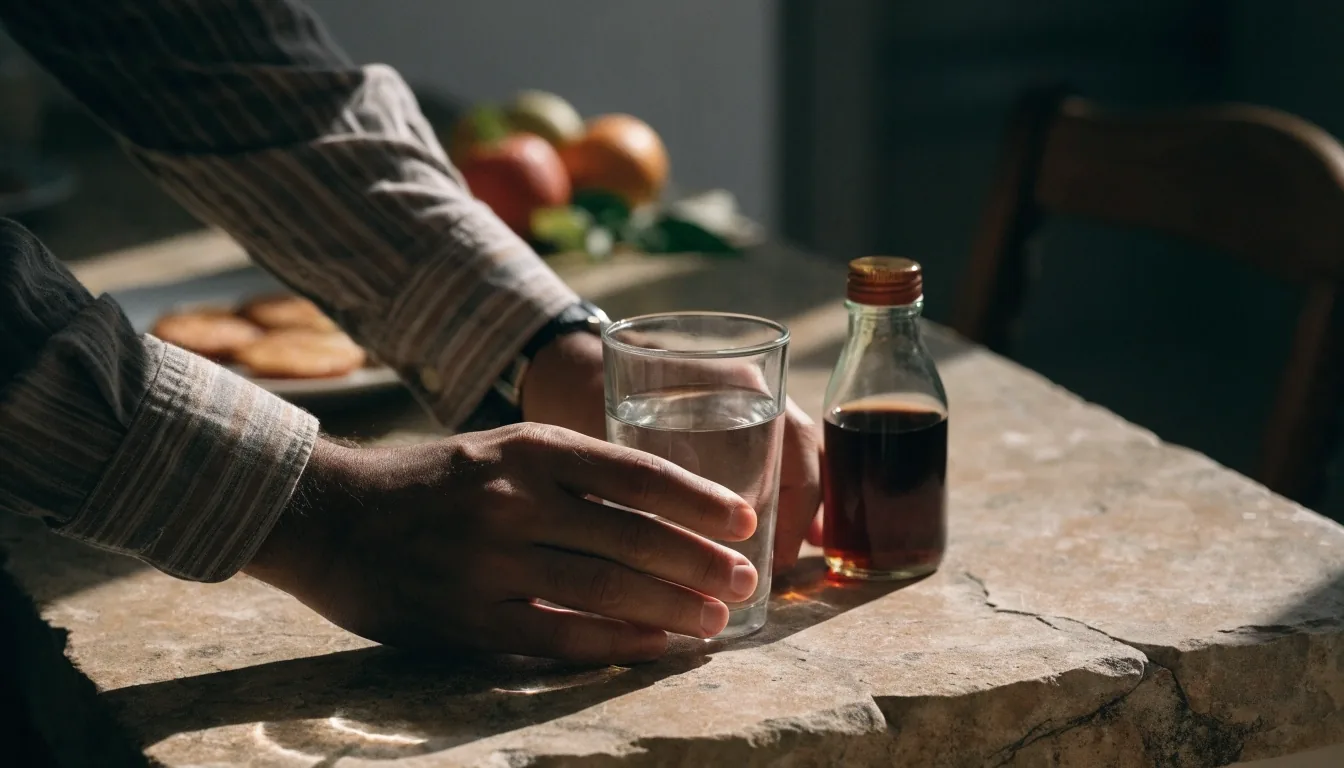 Hombre adulto colocando un vaso de agua y un frasco sin etiqueta sobre la barra de una cocina iluminada por la mañana
