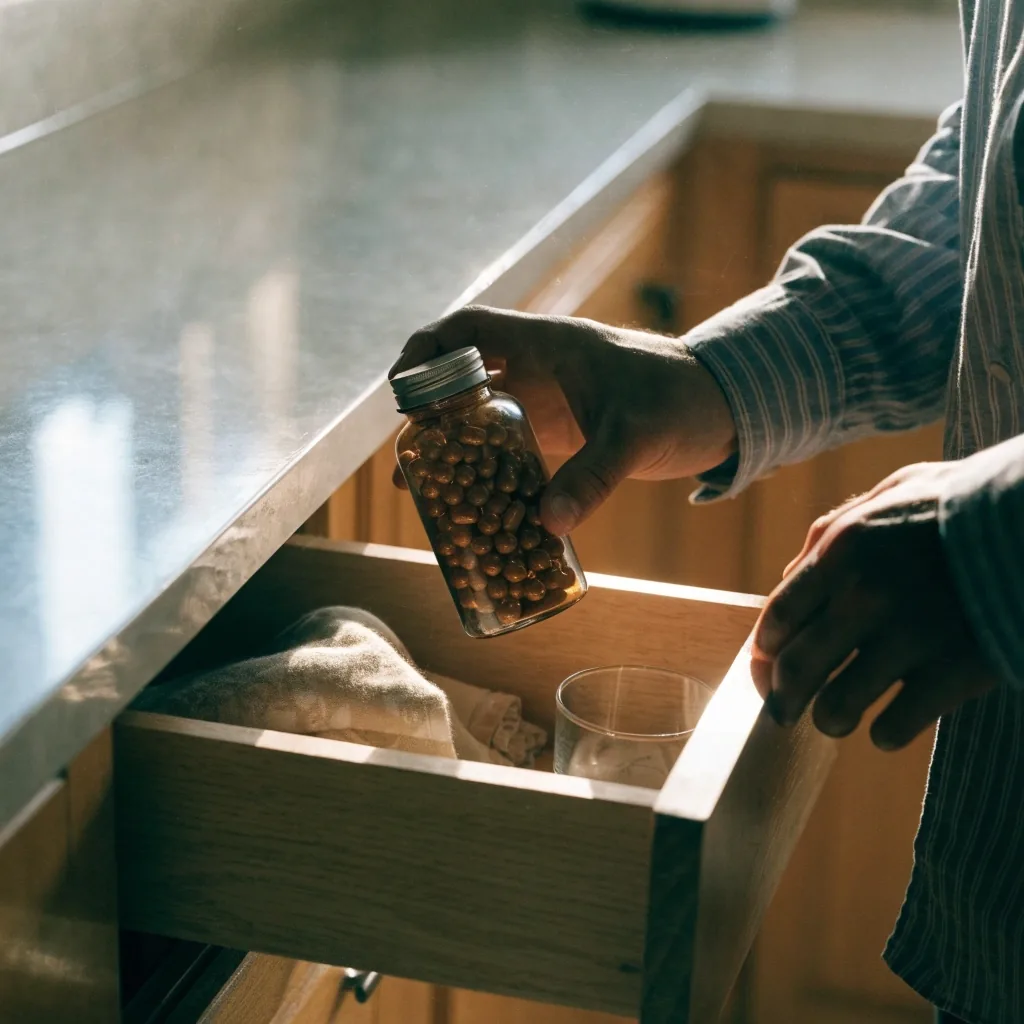 Manos de un hombre guardando un frasco ámbar sin etiqueta en un cajón de madera