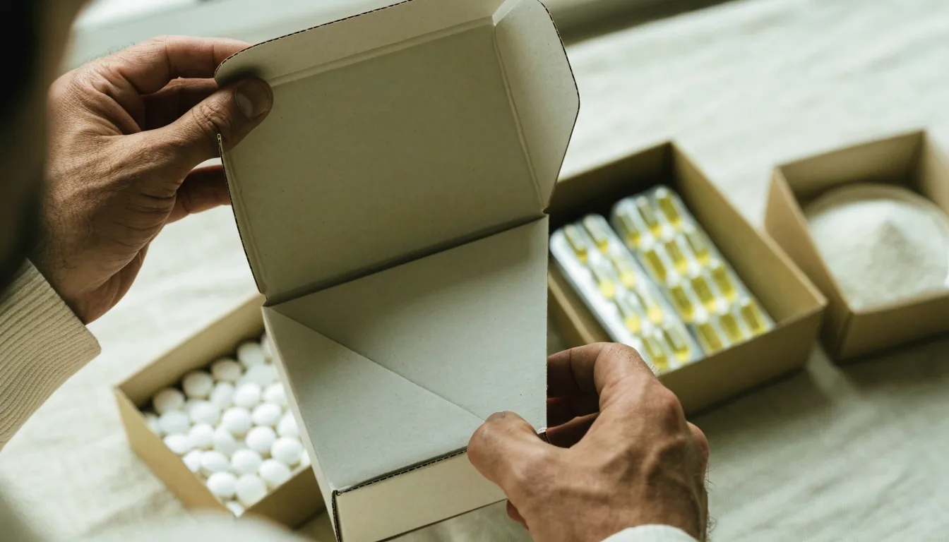 Manos abriendo una caja de cartón sin marca junto a tres envases anónimos de comprimidos, cápsulas y polvo sobre un lienzo claro