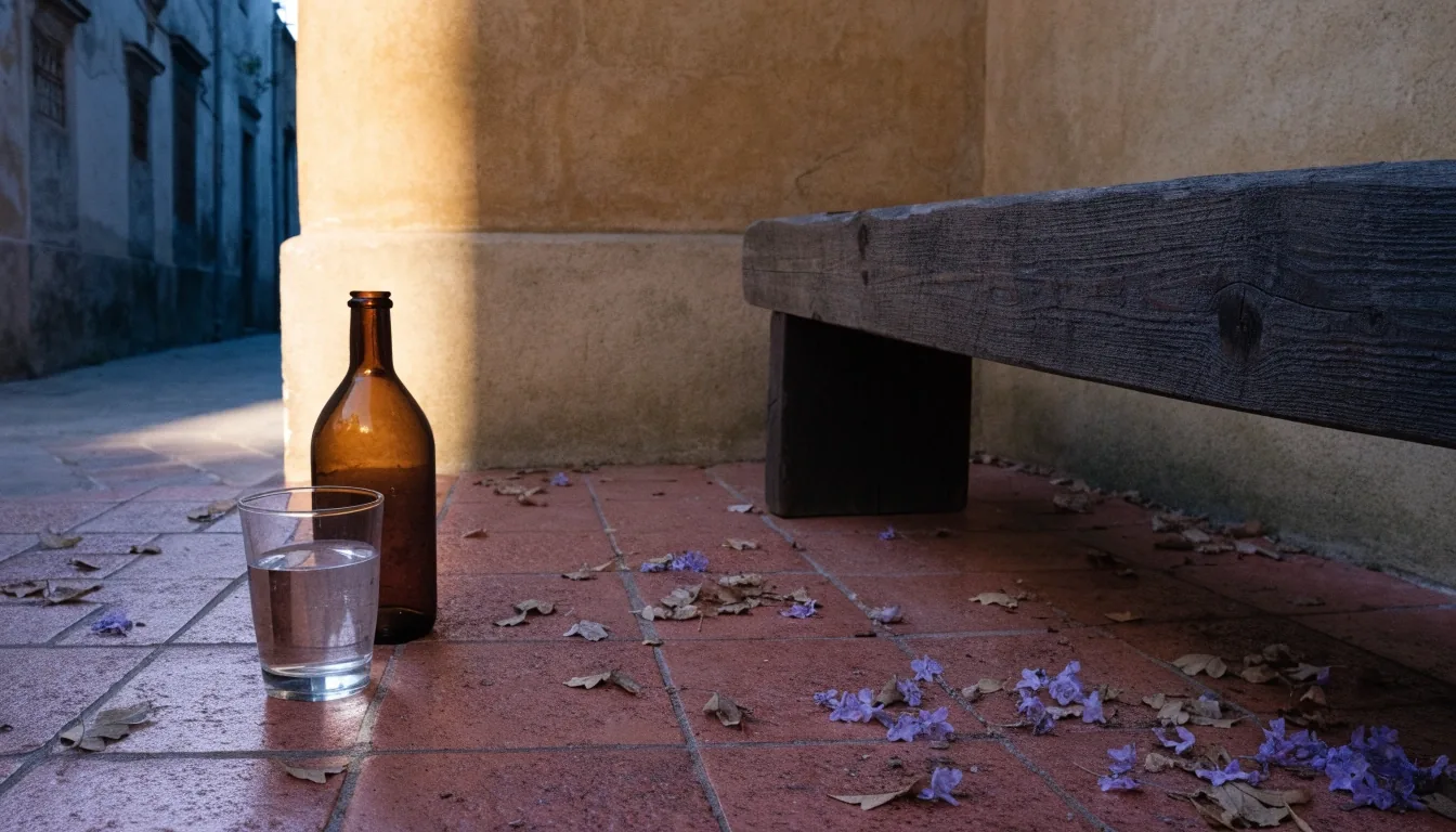 Patio interior de Mérida por la mañana con un vaso de agua y un envase sin marca sobre el suelo de azulejo