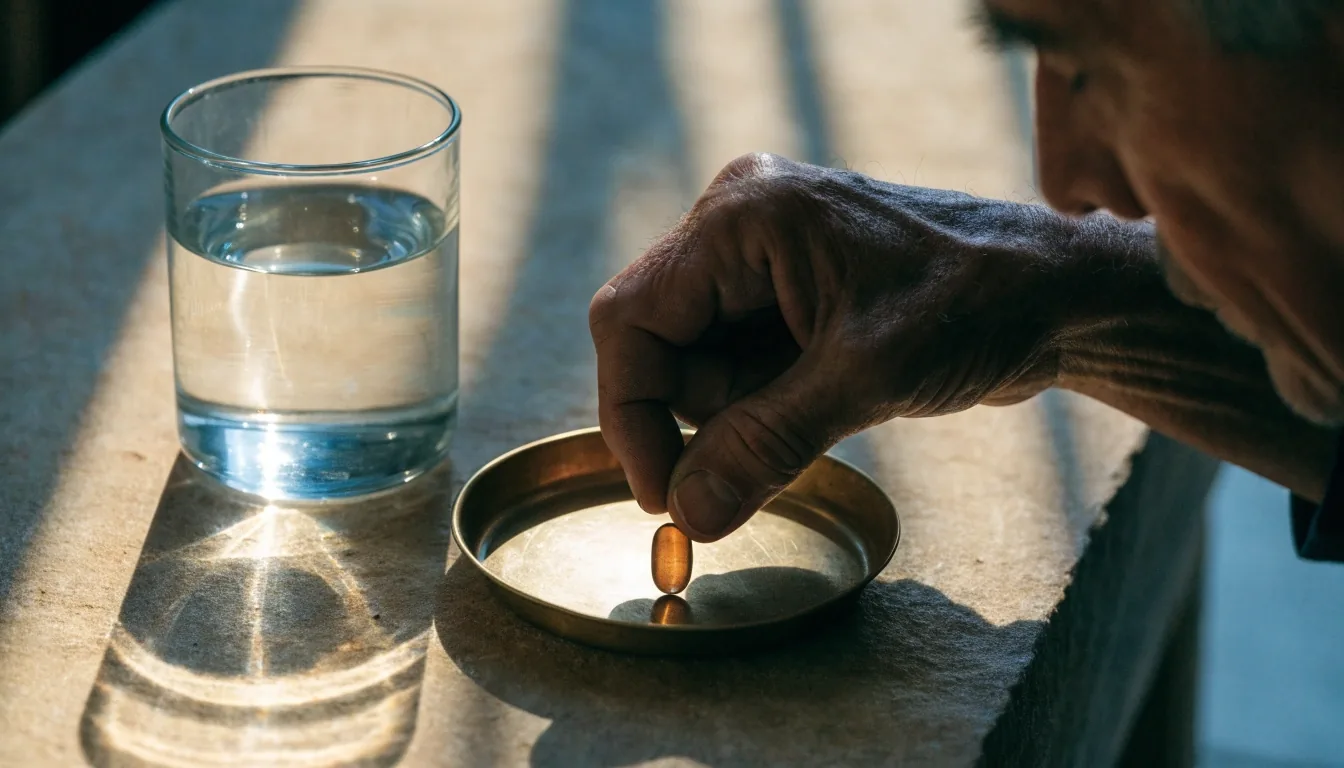 Cápsula sin marca junto a un vaso de agua sobre una superficie de piedra cálida, con luz lateral dura