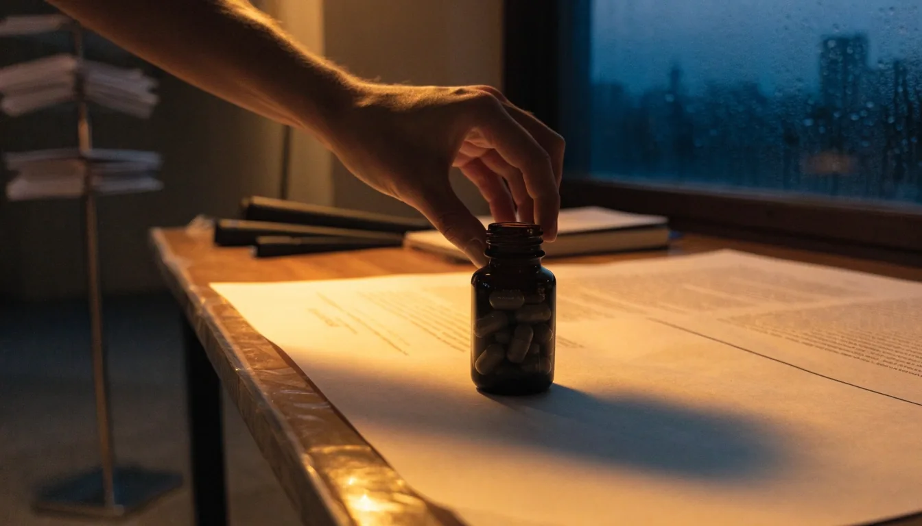 Superficie de trabajo en papel sobre la que se ordena la información editorial de NutriMex, vista desde el interior de un taller en Mérida de noche