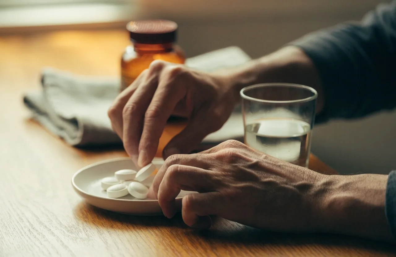 Toma diaria de vitaminas sobre una superficie de cocina con un vaso de agua y comprimidos genéricos sin etiqueta