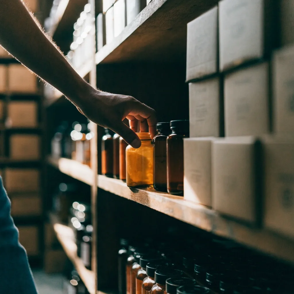 Interior de una tienda de productos naturales en México, con frascos ámbar y cajas de cartón sobre estantes de madera